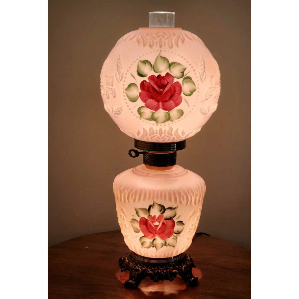 Vintage Pink Satin Glass Hurricane Lamp Floral Roses Double Globe Ornate Base